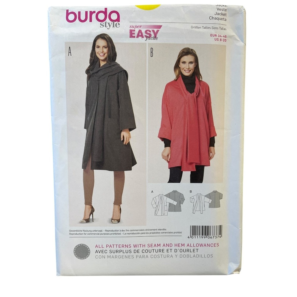 Burda Style Sewing Pattern Women 8-20 6737 Jacket Vest Hooded Shawl Collar Easy